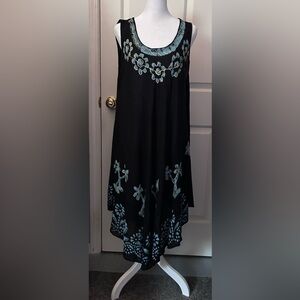 Ann and Kate Black Sleeveless Dress with Blue Embroidered Pattern - One Size